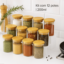 Kit 12 Potes de Vidro 200ml com Tampa de Bambu Hermético Mantimentos Condimentos Empilhaveis