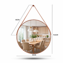 Espelho Redondo Decorativo Adnet Alça Couro Suporte 60cm Sala Quarto Banheiro
