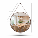 Espelho Redondo Decorativo Adnet Alça Couro Suporte 60cm Sala Quarto Banheiro