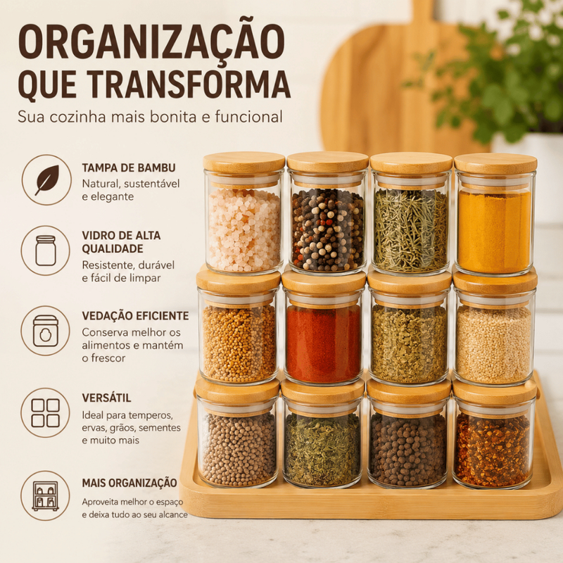 Kit 12 Potes de Vidro 200ml com Tampa de Bambu Hermético Mantimentos Condimentos Empilhaveis