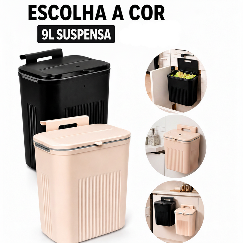 Lixeira Suspensa com Suporte Adesivo e Alça de Pendular 9 Litros Com Tampa Cozinha Sala Banheiro