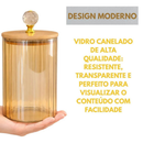 Pote Herméticos de Vidro Canelado Âmbar Tampa Bambu Luxo P/ Mantimentos C/ Vedação